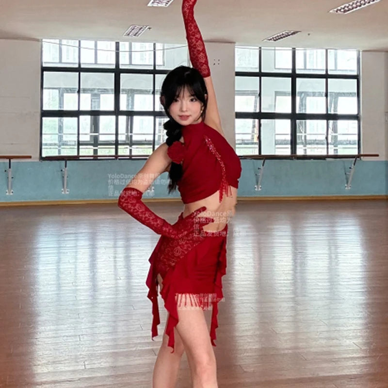 Latin Dance Dress Women's Red Halter Crop Top and Asymmetrical Fringe Skirt Set with Lace Gloves