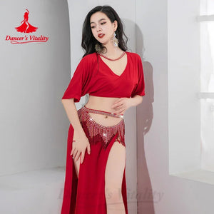 Belly Dance Costume Women's Emerald Green V-Neck Crop Top with Short Sleeves, High Slit Skirt, and Rhinestone Fringe Hip Scarf Set for Performance