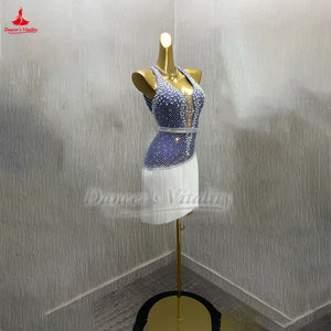 Adult Latin Ballroom Dance Dress With AB Rhinestones And Tassels For Competition