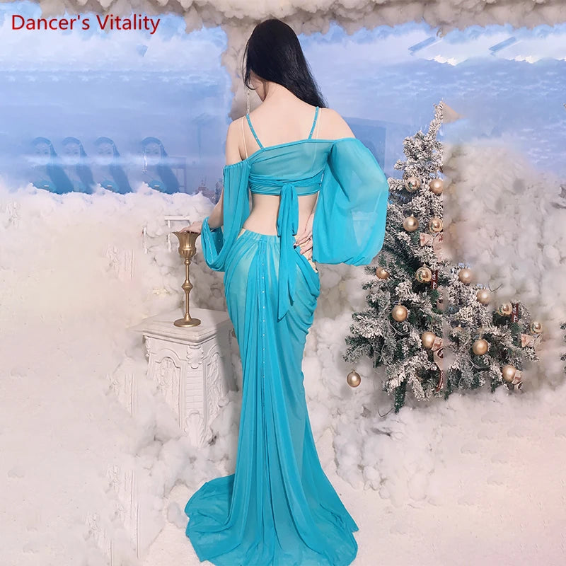 Women's Red Beaded Chiffon Bell Sleeve Crop Top & Drape Skirt Set, Belly Dance Costume