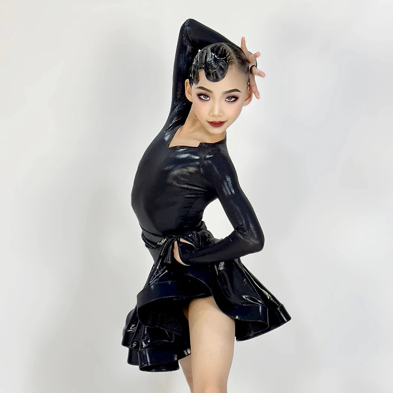 Girls' Latin Dance Dress, Patent Leather, Long Sleeve, V-Neck, Ballroom & Latin Dance