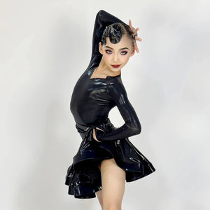 Girls' Latin Dance Dress, Patent Leather, Long Sleeve, V-Neck, Ballroom & Latin Dance