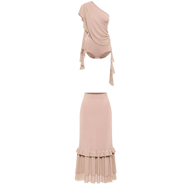 Women's Nude Chiffon One-Shoulder Ruffle Bodysuit & Skirt Latin Dancewear Set