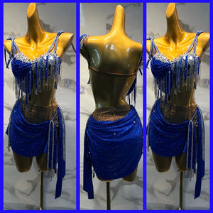 Latin Dance Dress Women's Royal Blue Sequin Fringe Rhinestone Two-Piece Set Ballroom Samba Cha-Cha Rumba Performance Costume