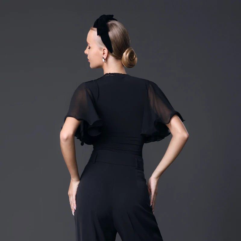 Ballroom Dance Bodysuit Women's White and Black V-Neck Lace Trim Chiffon Sleeve Button Front Jumpsuit