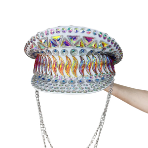 Women's White Iridescent Crystal Sequin Military Captain Hat with Chain, Festival Dance