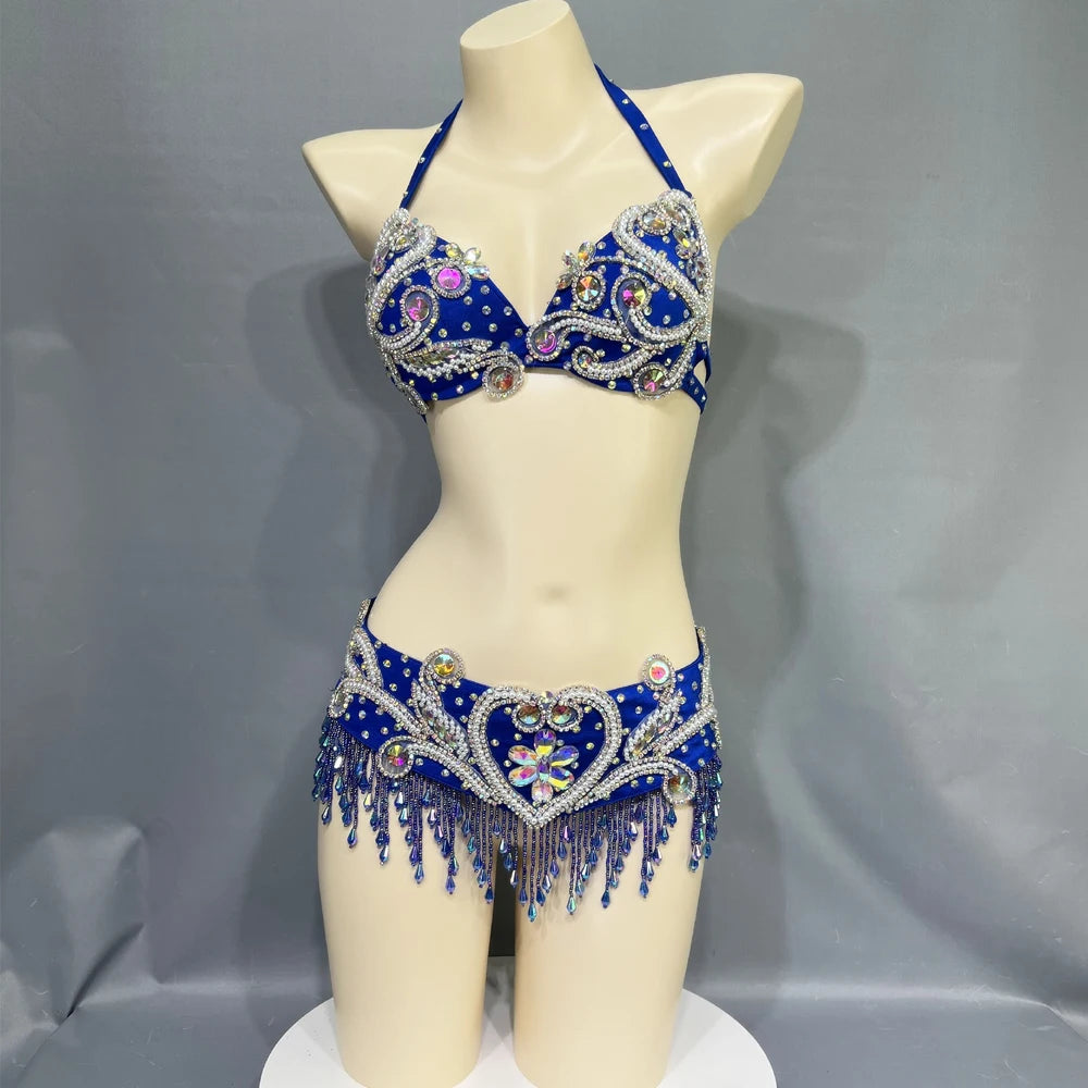 Belly Dance Costume Womens Royal Blue Halter Bra and Hip Scarf with Silver Embroidery, Rhinestones, and Beaded Fringe for Performance