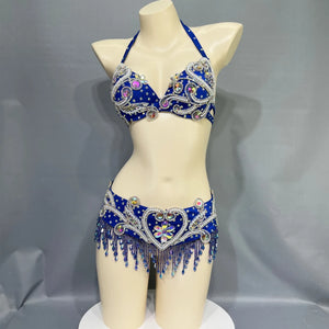 Belly Dance Costume Womens Royal Blue Halter Bra and Hip Scarf with Silver Embroidery, Rhinestones, and Beaded Fringe for Performance