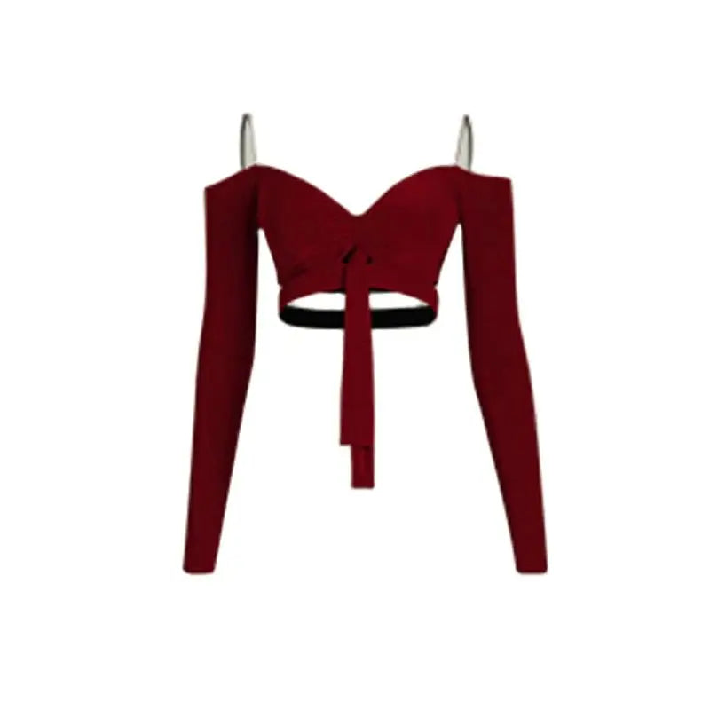 Women's Burgundy & Black Off-Shoulder Crop Top & Ruffled Skirt Latin Dance Costume Set