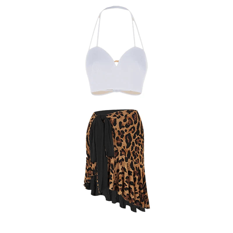 Dance Crop Top and Skirt Set Women's Black and Leopard Print Halter Neck Sweetheart Ruffle Hem Latin Dancewear