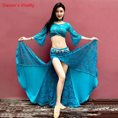Women's Fuchsia Lace Bell Sleeve Crop Top and Mermaid Skirt Set - Belly Dance
