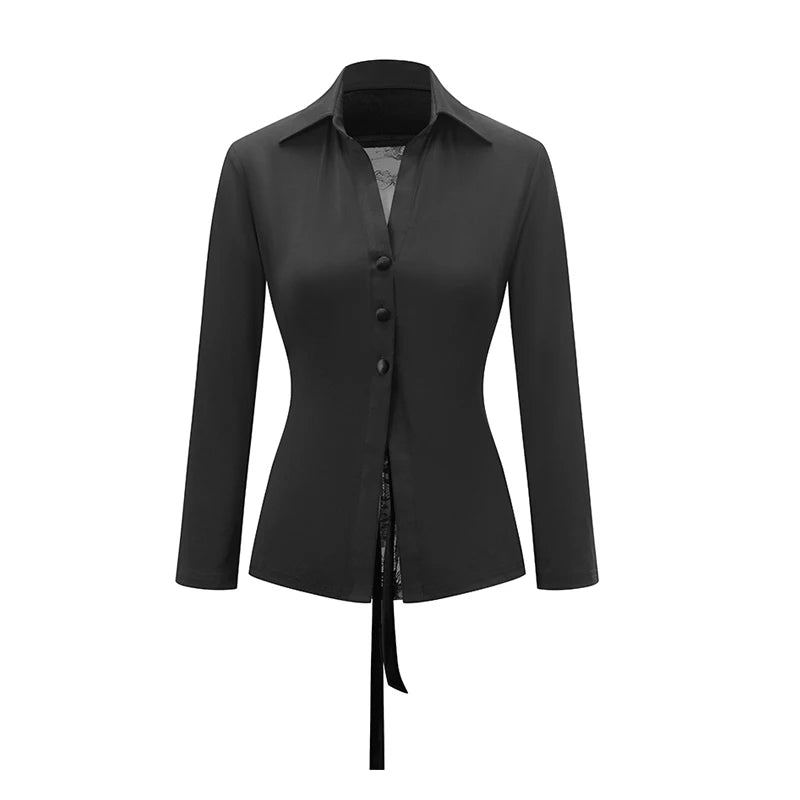 Women's Black Long Sleeve Button-Front Dance Shirt with Tiered Fringe Latin Skirt