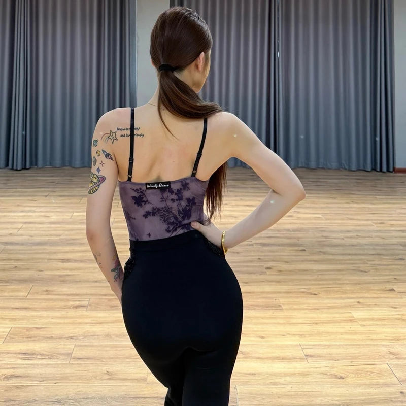 Women's Brown and Purple Lace V-Neck Cami Bodysuit with Black Flare Dance Pants Latin Ballroom Performance Outfit