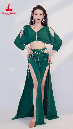 Women's Green V-Neck Crop Top and Slit Pants Set with Rhinestone Tassels, Belly Dance Costume