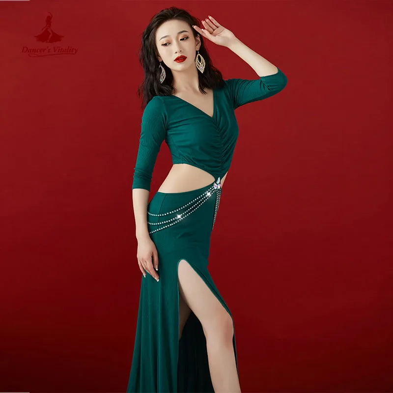 Women's Green V-Neck Ruched Cutout Slit Belly Dance Dress with Rhinestone Chain