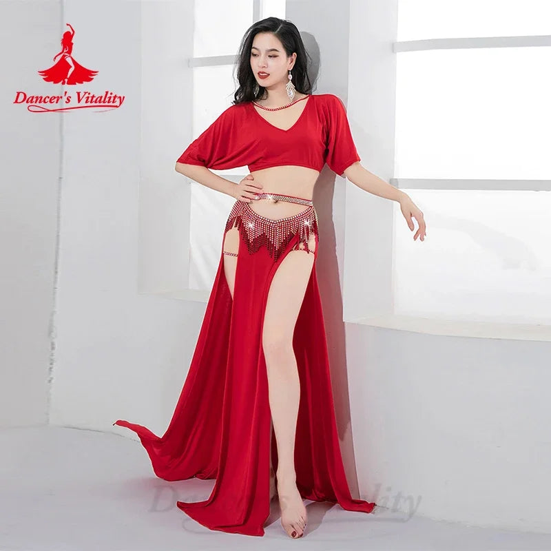Belly Dance Costume Women's Emerald Green V-Neck Crop Top with Short Sleeves, High Slit Skirt, and Rhinestone Fringe Hip Scarf Set for Performance