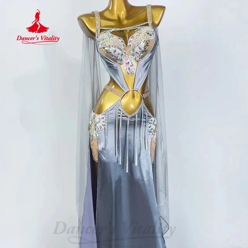 Women's Silver Sequin Beaded Cutout Fringe Satin Belly Dance Dress with Sheer Cape