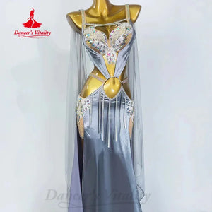 Women's Silver Sequin Beaded Cutout Fringe Satin Belly Dance Dress with Sheer Cape