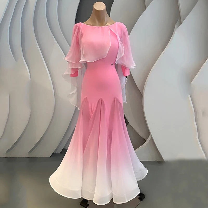 Ballroom Dance Dress Women Pink Ombre Chiffon & Spandex Long Sleeve Cape Back Ribbon Tie Standard Smooth Foxtrot Waltz Tango