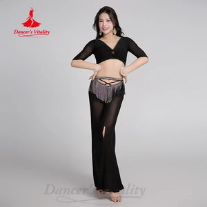 Belly Dance Costume Womens Blue Chiffon Mesh Crop Top and Slit Pants Set with Rhinestone Fringe Hip Scarf
