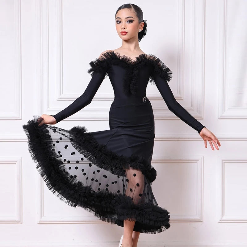 Ballroom Dance Dress Girls Black Off-Shoulder Ruffle Mesh Polka Dot Latin Dance Dress, Ballroom Dance Dress Girls Light Blue Off-Shoulder Ruffle Mesh Latin Dance Dress