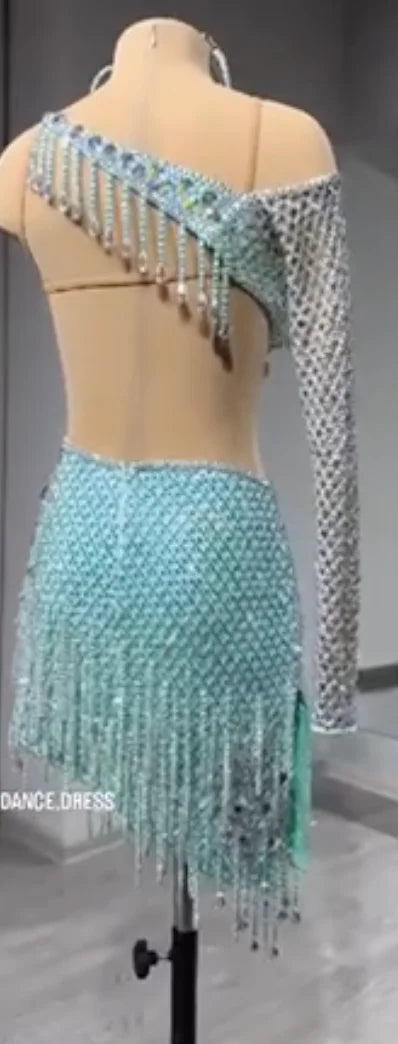 Latin Dance Dress Women's Aqua Blue Rhinestone Fringe Asymmetric Sleeve Open Back