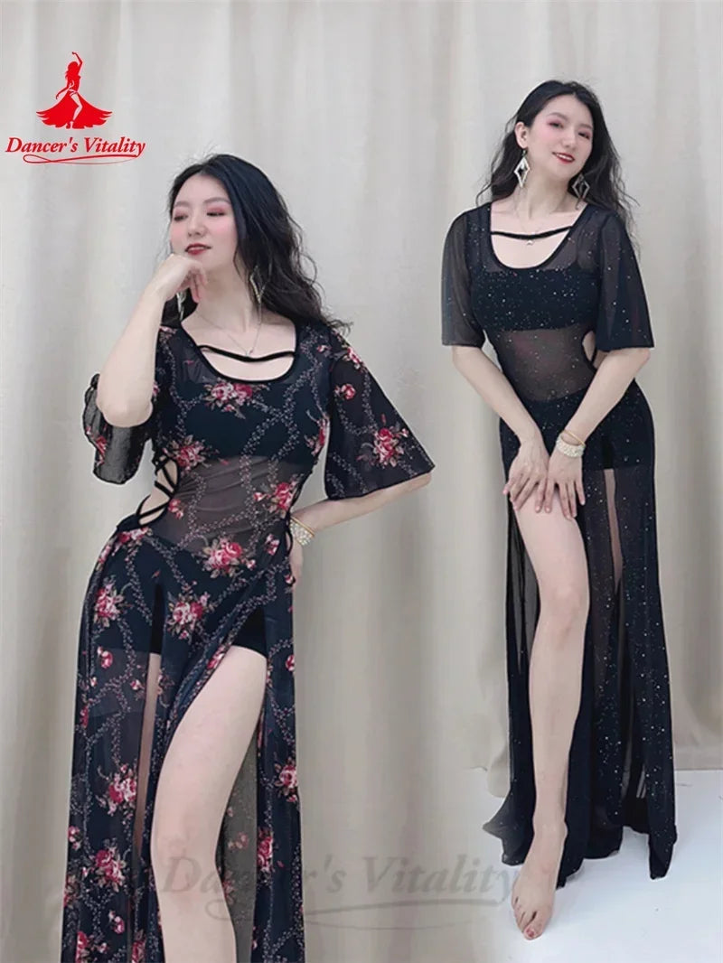 Women's Black Sparkle Mesh Cutout Slit Skirt Belly Dance Dress