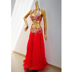 Belly Dance Costume, Women's Royal Blue Sequin Halter Top & High Slit Skirt, Chiffon & Beaded Professional Dancewear