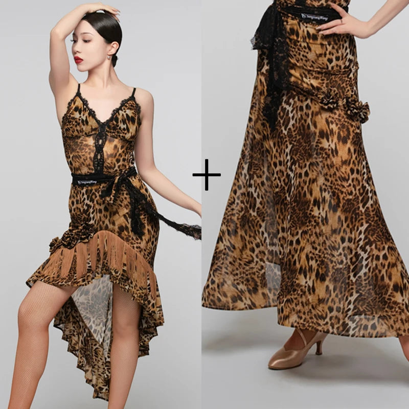 Women's Brown Leopard Print Latin Dance Dress with Black Lace, High-Low Hem, and Ruffled Detail