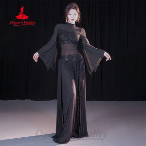 Belly Dance Costume Womens Black Sequin Bustier Top & Slit Skirt Set with Rhinestone Tassel Mask