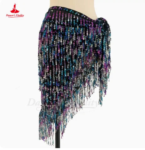 Belly Dance Hip Scarf, Women's Green Sequin Tassel Fringe Wrap Skirt, Asymmetrical Latin Dance Belt
