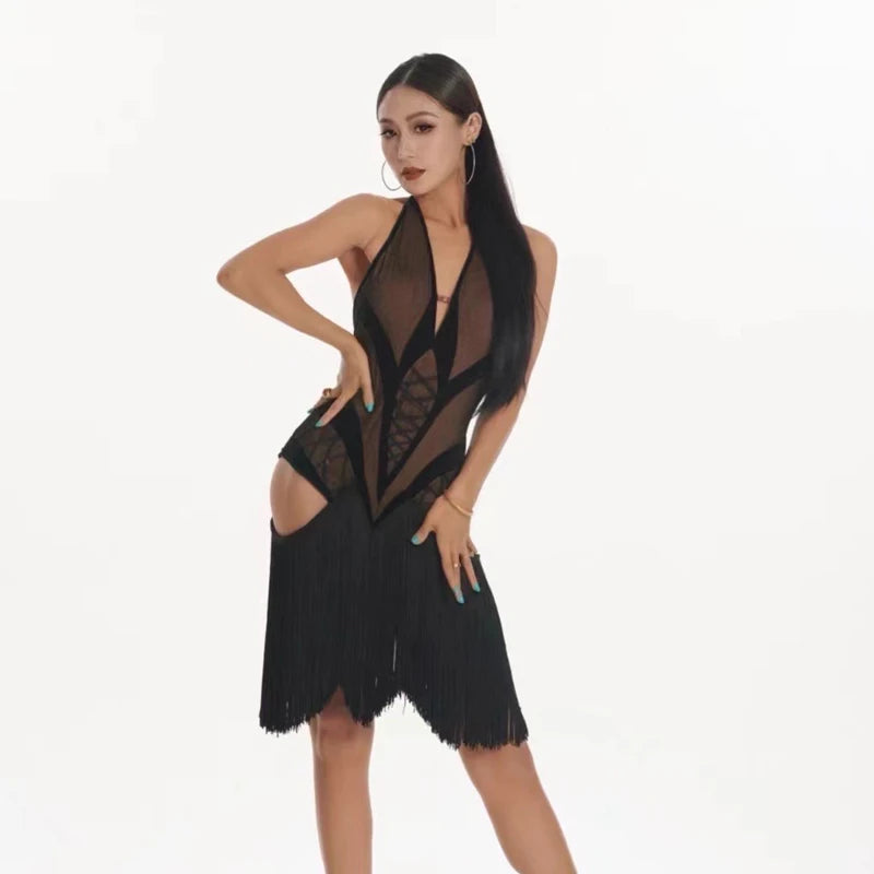 Latin Dance Dress, Women's White, Brown, Black Mesh Halter Fringe Lace-Up Bodysuit