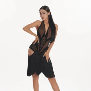 Latin Dance Dress, Women's White, Brown, Black Mesh Halter Fringe Lace-Up Bodysuit