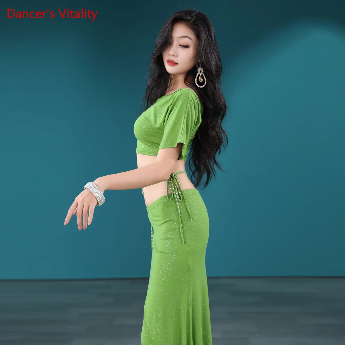 Women's Pink Sequin Embellished Crop Top & Side Slit Skirt Set, Belly Dance Costume