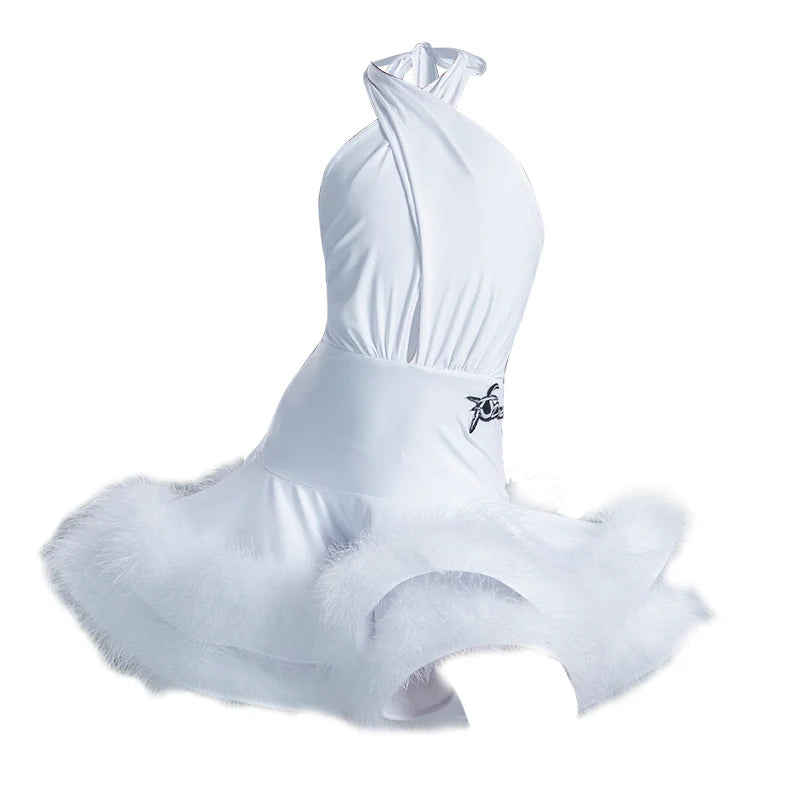 Girls Latin Dance Dress, White Halter Feathered Ruffle Skirt, Red Halter Feathered Ruffle Skirt