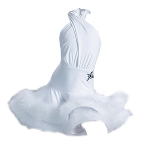 Girls Latin Dance Dress, White Halter Feathered Ruffle Skirt, Red Halter Feathered Ruffle Skirt