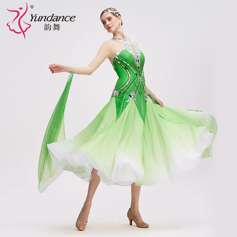 Women's Ballroom Dance Dress International Standard Chiffon White-Green Ombre For Adult Stage Performance