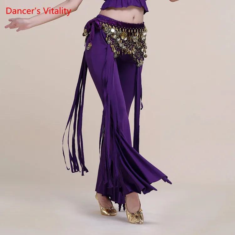Belly Dance Pants Women's Yellow Sequin Hip Scarf Bell Bottom Slit Leg Pants for Oriental Dance Performance