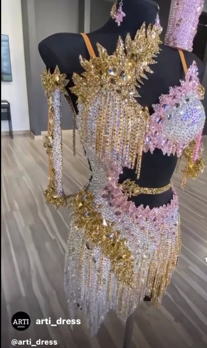 Latin Dance Dress Women Gold Pink Silver Crystal Fringe Rhinestone Strappy Salsa Samba Cha-Cha Rumba Performance Costume