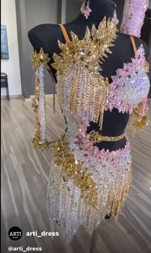 Latin Dance Dress Women Gold Pink Silver Crystal Fringe Rhinestone Strappy Salsa Samba Cha-Cha Rumba Performance Costume
