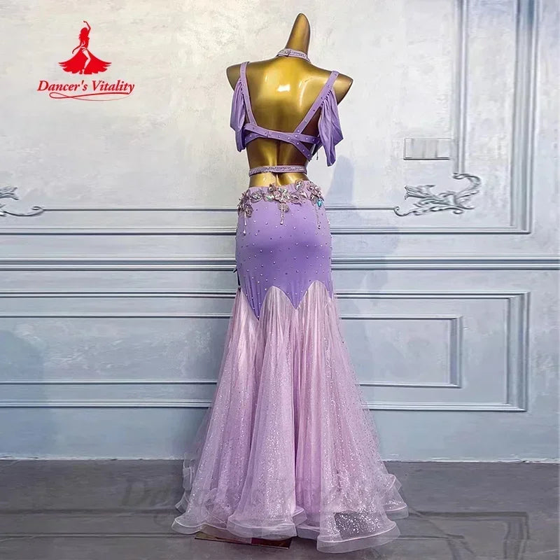 Belly Dance Costume Women's Lavender Sequin Beaded Bra Top Slit Skirt Set with Mesh Overlay for Performance