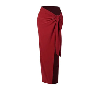 Women's Halter Neck Ruched Two-Piece Set with High Slit Skirt, Red, Black, White, Latin Dance