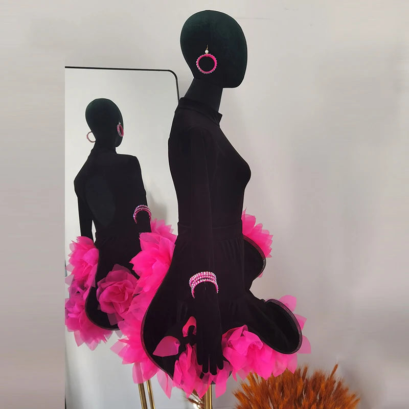 Women's Black Velvet Latin Dance Dress with Hot Pink Ruffles and Rhinestone Details