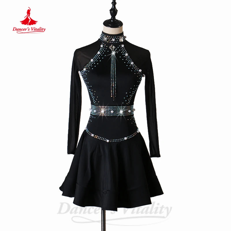 Women's Royal Blue Rhinestone Mesh Long Sleeve Latin Ballroom Dance Dress