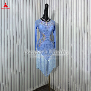 Latin Ballroom Dance Dress With AB Rhinestones, Long Sleeves And Tassels For Adults And Kids Performance