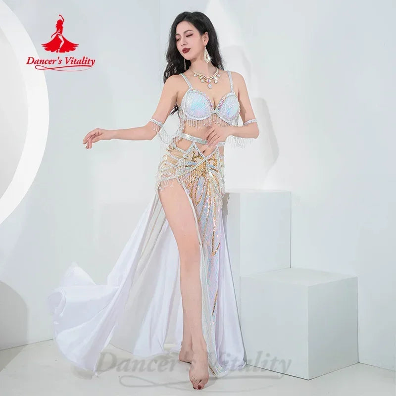 Belly Dance Costume Women Green Sequin Bra and Slit Skirt Set with Black Chiffon Panels for Professional Performance