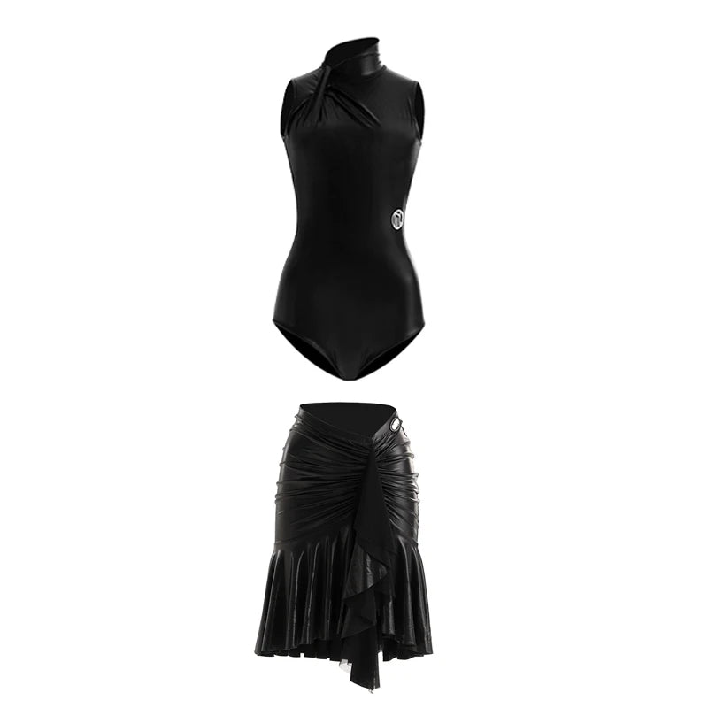 Women's Black & Leopard Print Sleeveless Mock Neck Bodysuit & Ruffled Skirt Latin Dancewear