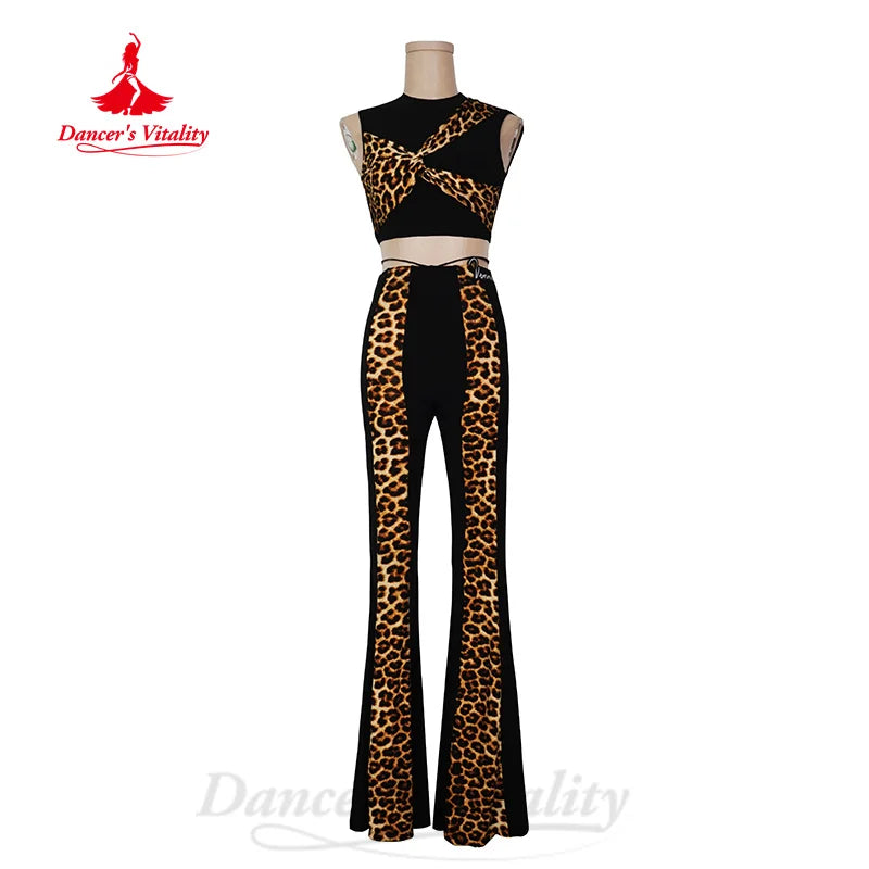 Women's Black Leopard Print Crop Top and Flared Pants Latin Dance Set