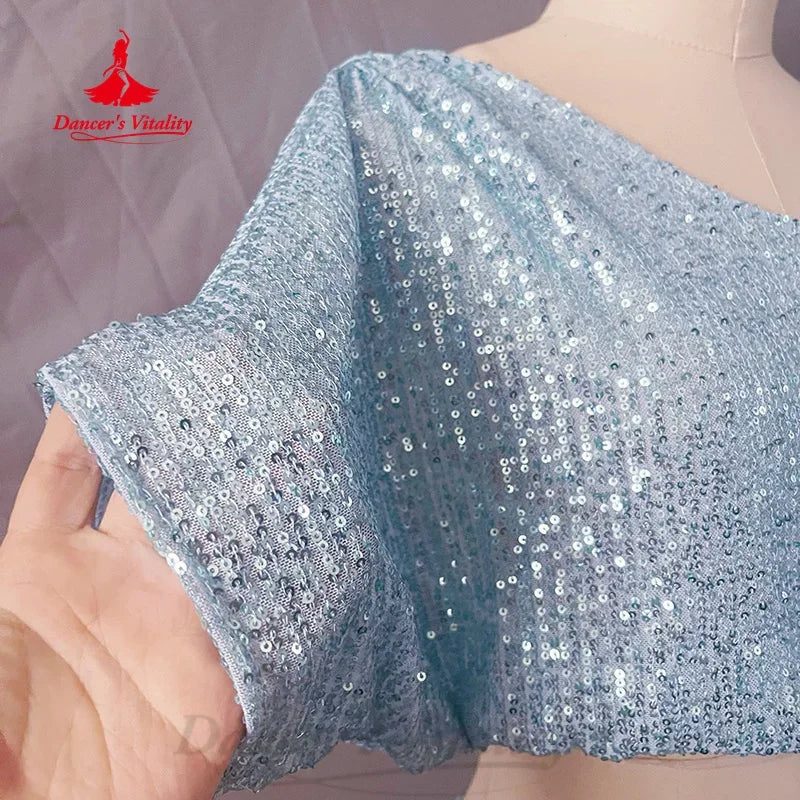Women's Light Blue Sequin Two-Piece Crop Top and Skirt Set with Draped Detail for Belly Dance