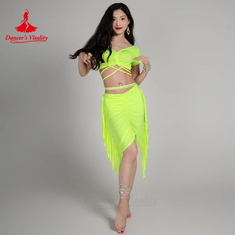 Girls' Belly Dance 2-Piece Costume Set With V-Neck Short-Sleeve Top And Tassel Skirt For Training